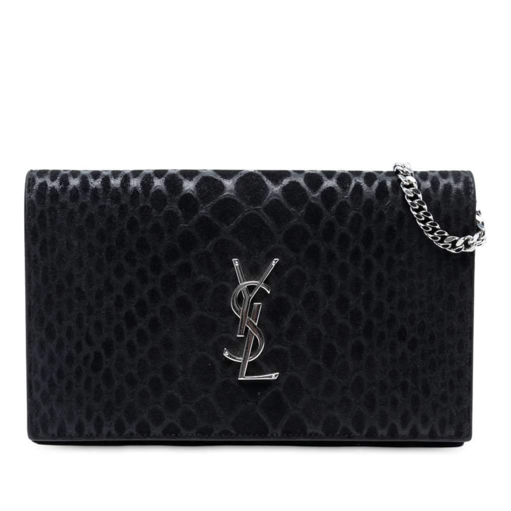 Saint Laurent Python Embossed Suede Monogram Kate Wallet on Chain Black Leather Good condition - Front View