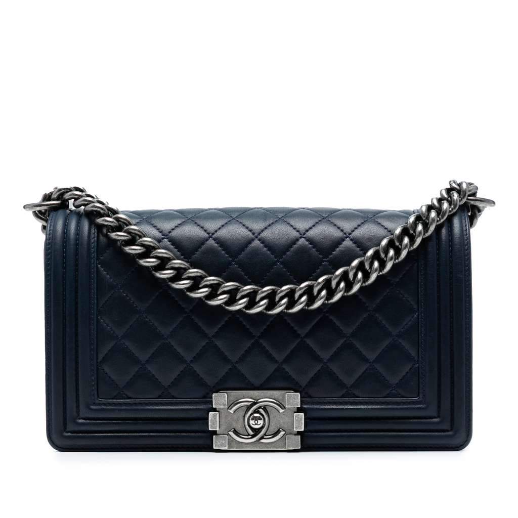 Chanel Old Medium Quilted Lambskin Boy Flap Blue Leather Good - Front View