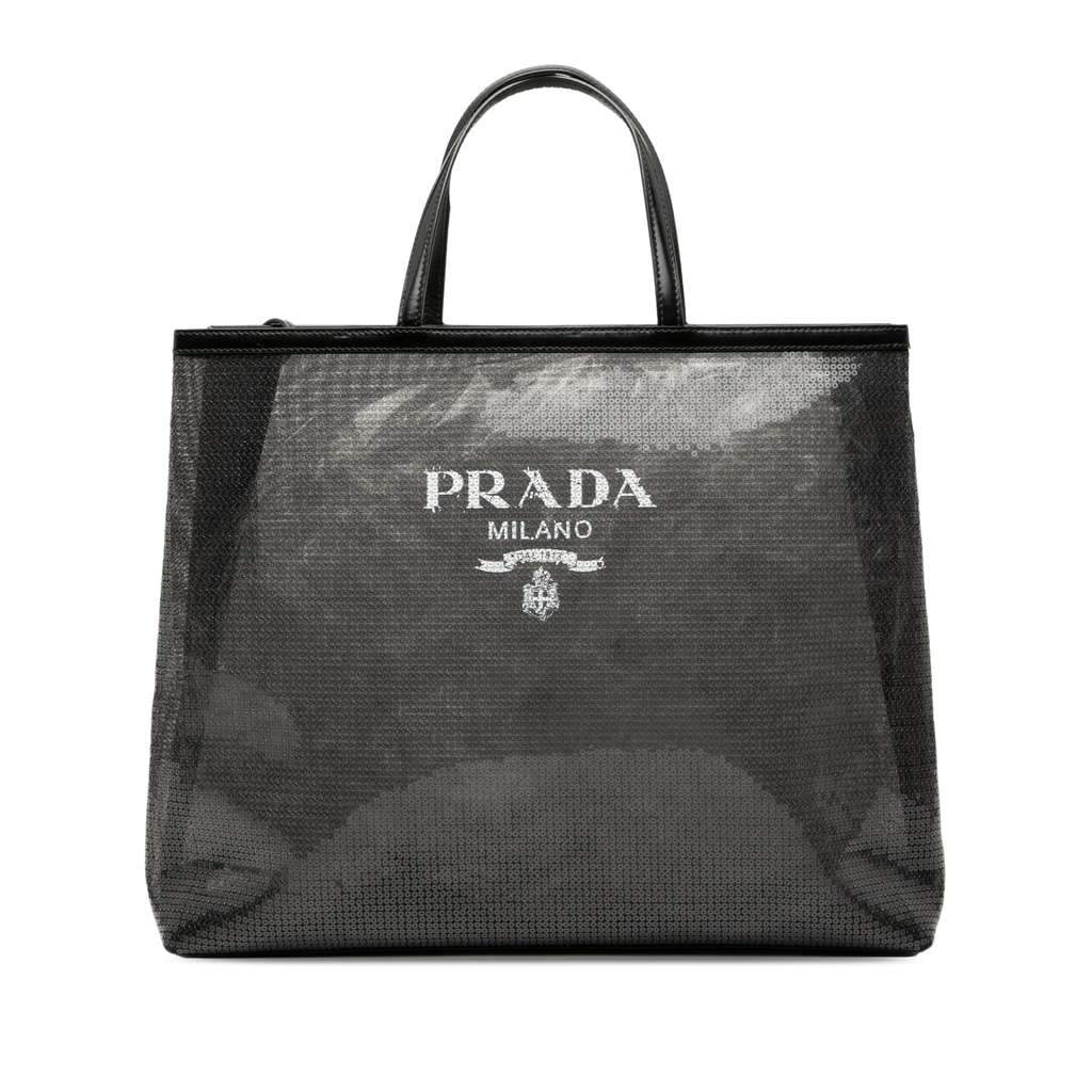 Prada Large Sequined Mesh Logo Tote Black Polyester Very good - Front View