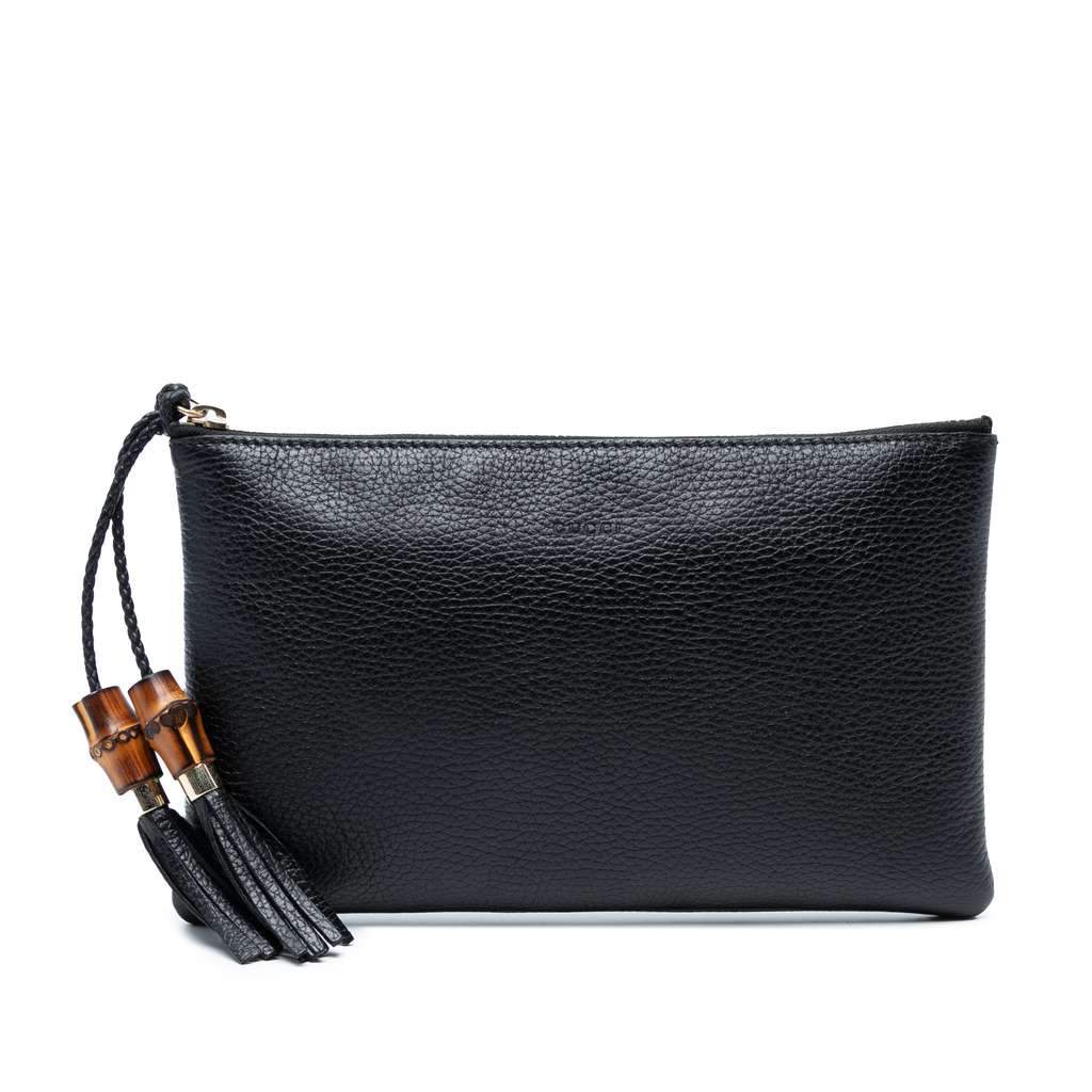 Gucci Calfskin Bamboo Clutch Black Leather Good - Front View