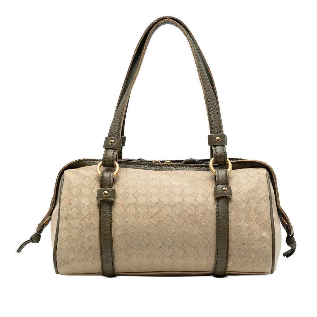 Bottega Veneta Leather Trimmed Satin Intrecciato Boston Bag Brown Satin Good - Front View