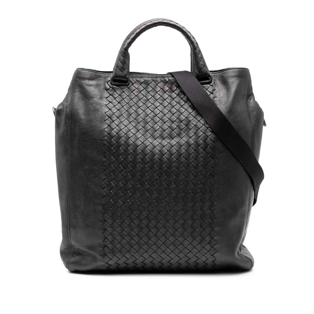 Bottega Veneta Nappa Intrecciato Vertical Convertible Satchel Black Leather Good - Front View