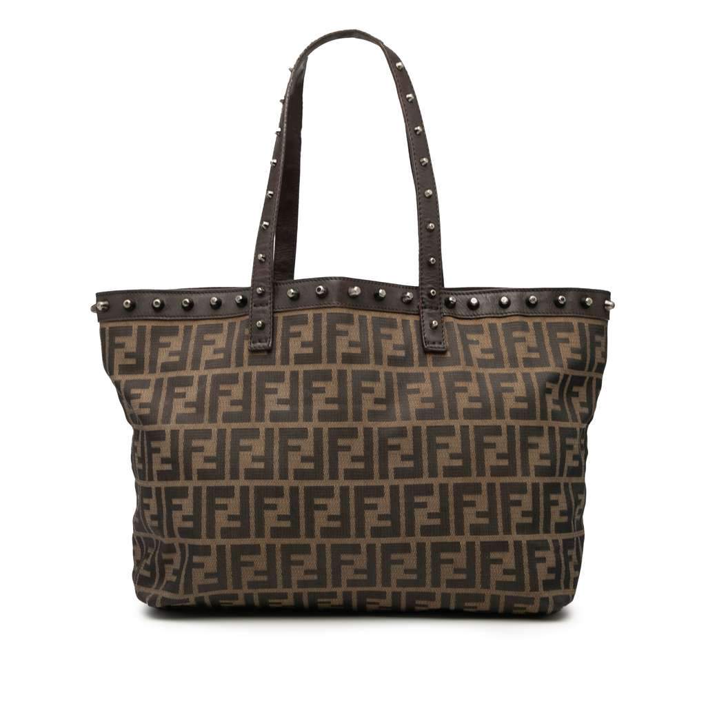 Fendi Medium Zucca Canvas Studded Roll Tote Brown Canvas Good - Front View
