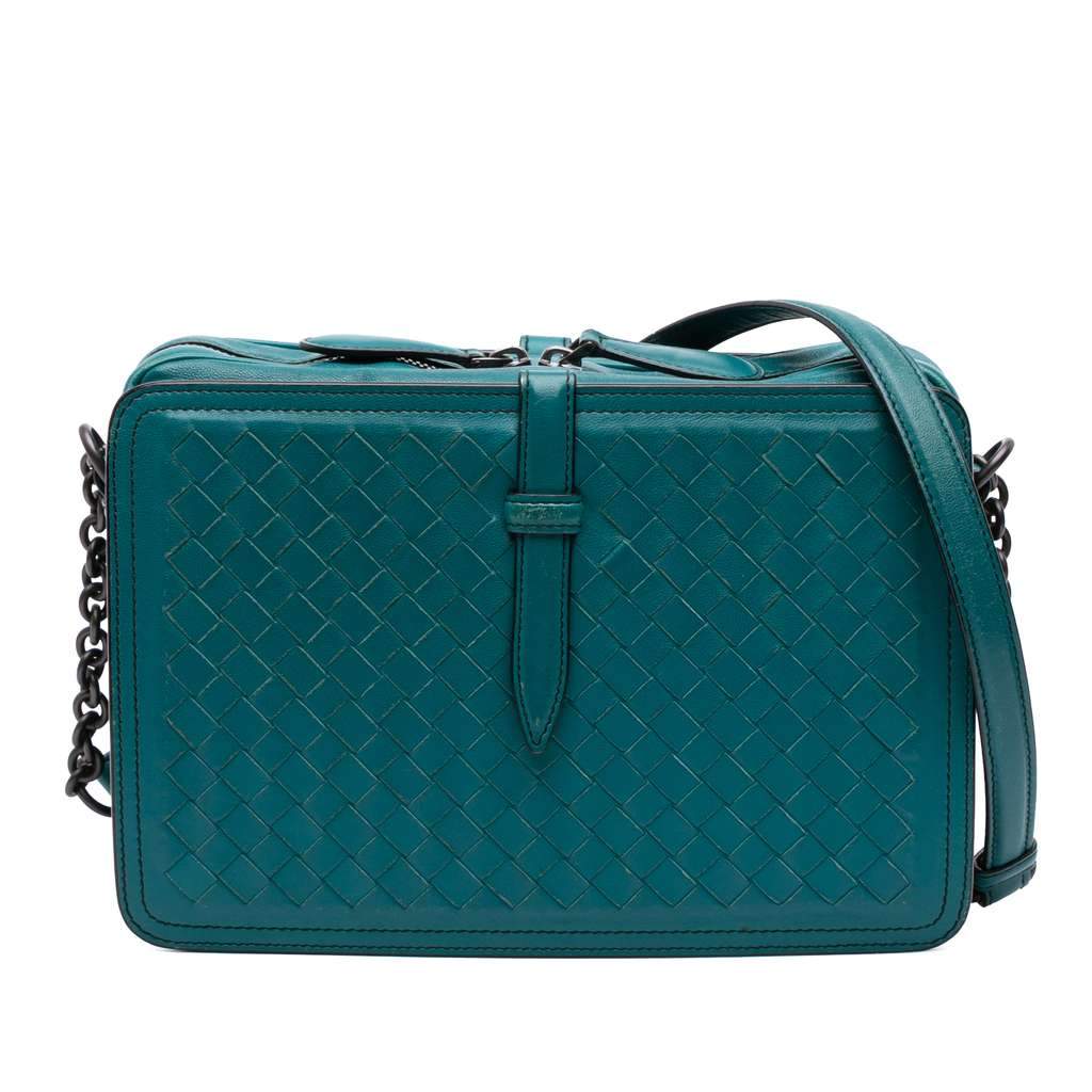 Bottega Veneta Nappa Intrecciato Belt Flap Camera Bag Blue Leather Good condition - Front View