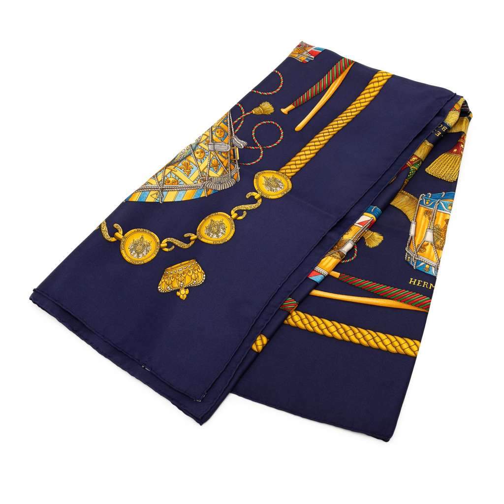 Hermès Les Tambours Silk Scarf 90 Blue Silk Good condition - Front View