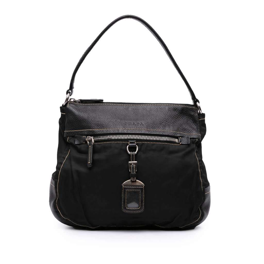 Prada Leather and Tessuto Shoulder Bag Black Leather Very good - Front View
