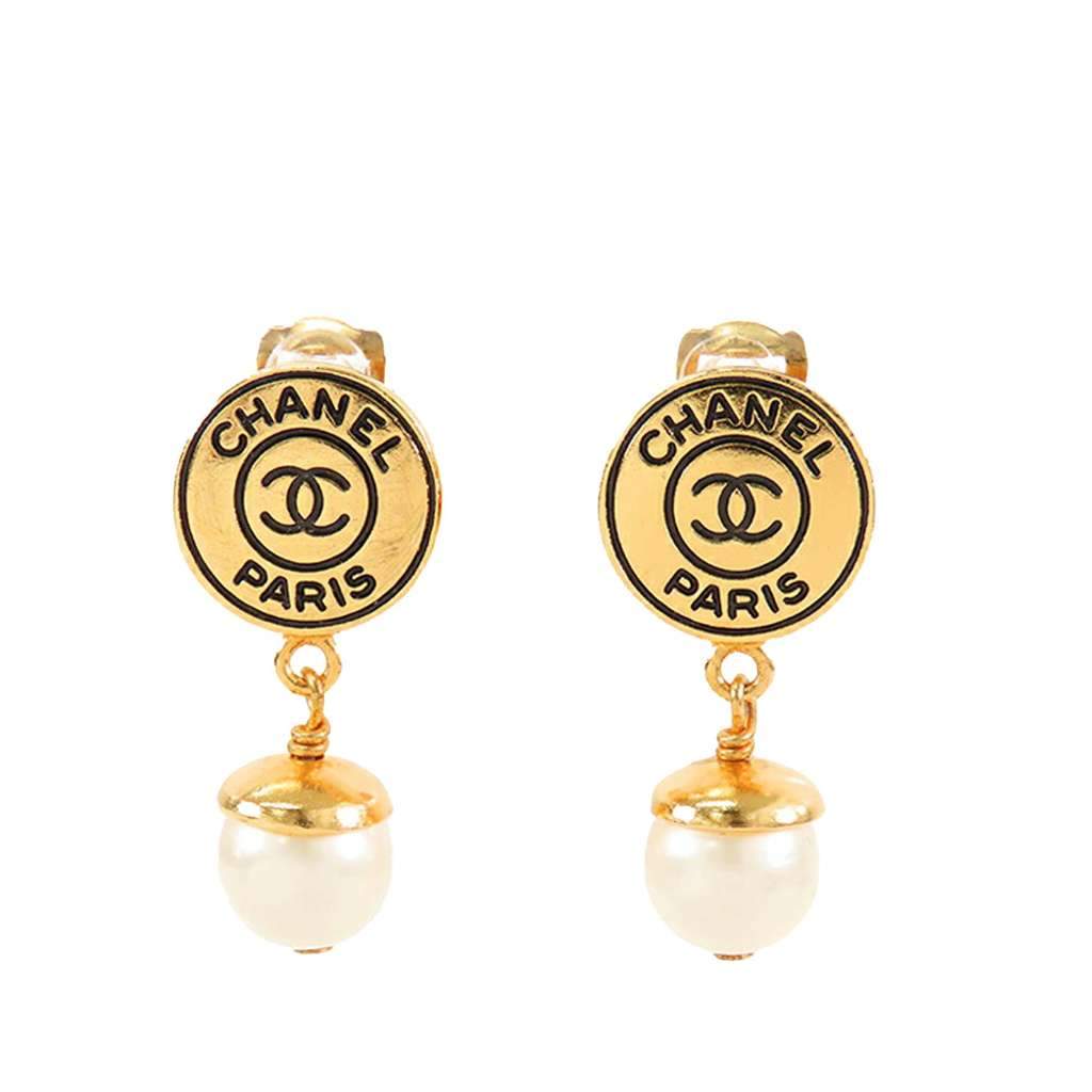 Chanel CC Gold Plated Faux Pearl Drop Clip On Earrings Gold Metal Very good - Front View
