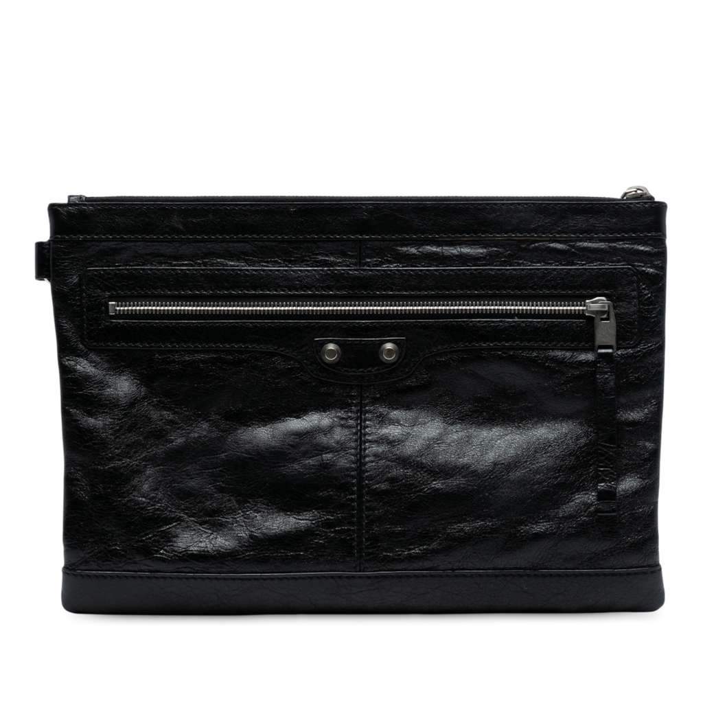 Balenciaga Lambskin Motocross Classic Clip M Clutch Black Leather Good - Front View