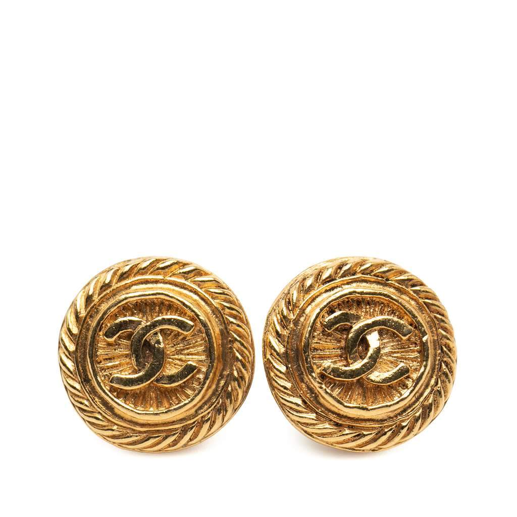 Chanel Gold Plated CC Round Clip On Earrings Gold Metal Good - Front View