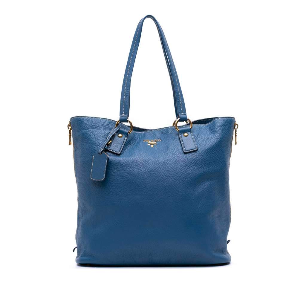 Prada Vitello Daino Side Zip Shopper Tote Blue Leather Very good condition - Front View