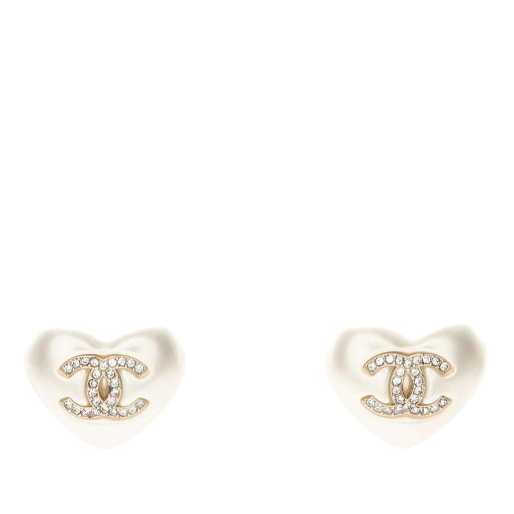 Chanel CC Gold Plated Faux Pearl and Rhinestone Heart Earrings White Very good - Front View