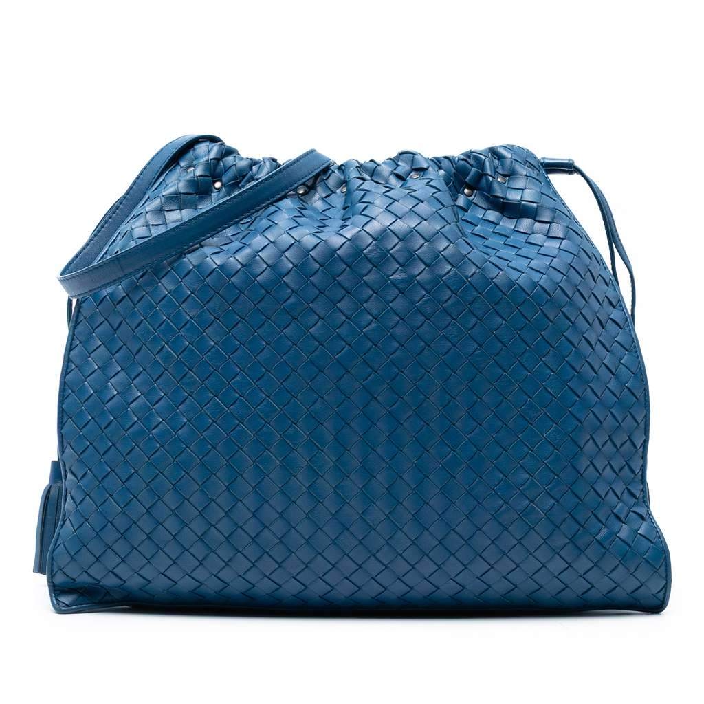 Bottega Veneta Nappa Intrecciato Drawstring Shoulder Bag Blue Leather Good - Front View