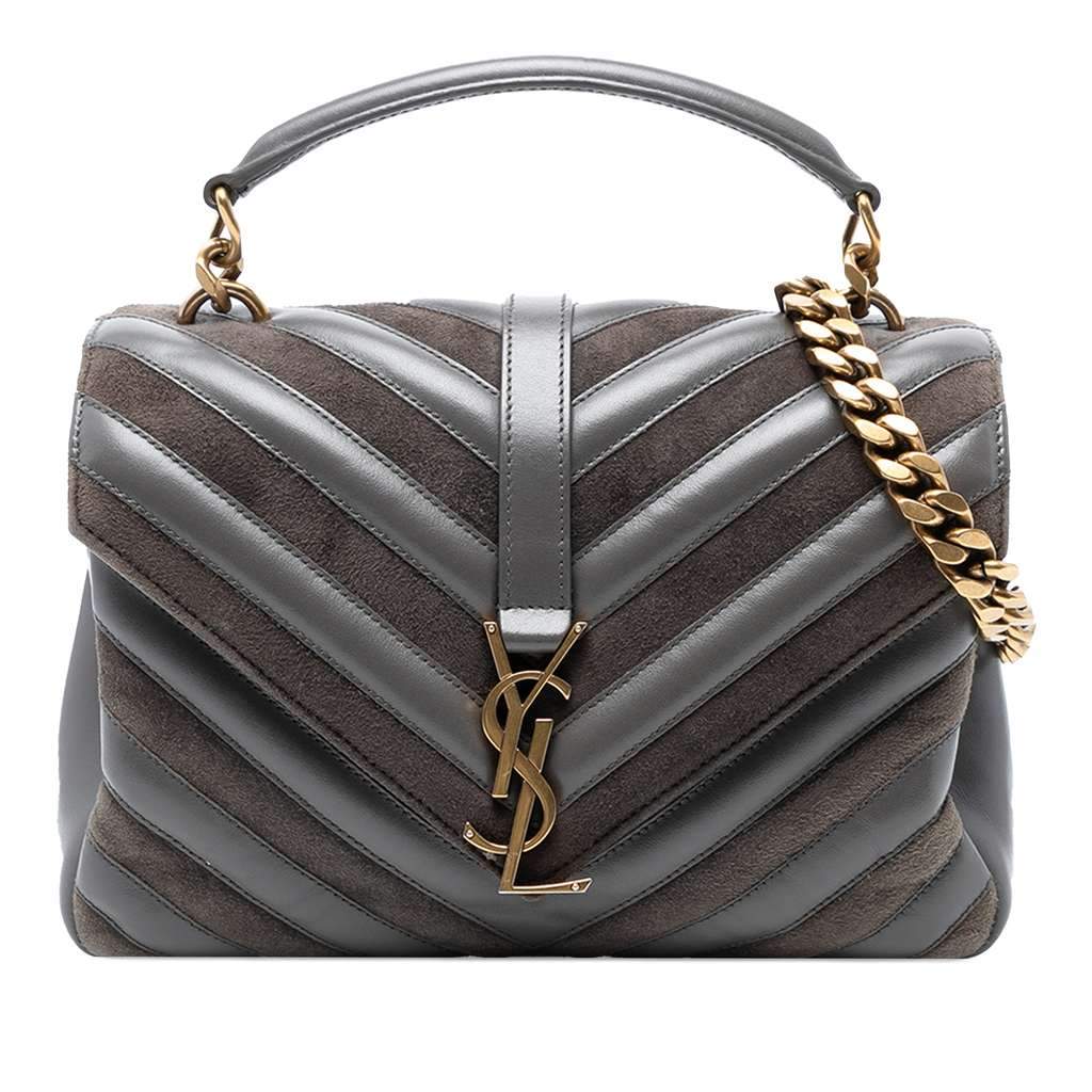 Saint Laurent Medium Calfskin and Suede Chevron Monogram College Satchel Grey Leather Good - Front View