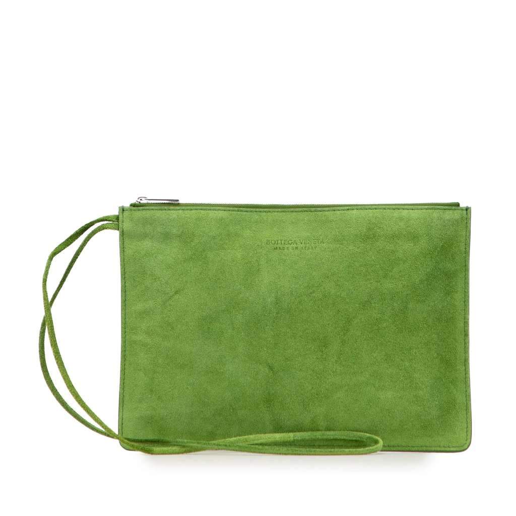 Bottega Veneta Suede Clutch Green Leather Very good - Front View