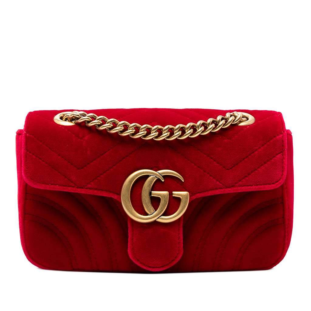 Gucci Small GG Marmont Matelasse Velvet Shoulder Bag Red Velvet Good - Front View