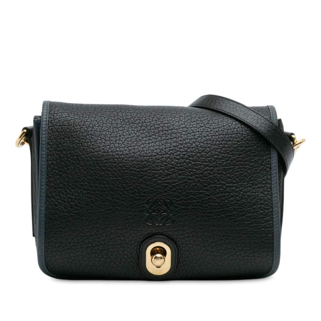 Loewe Pebbled Calfskin Anagram Ines Flap Crossbody Black Leather Good - Front View