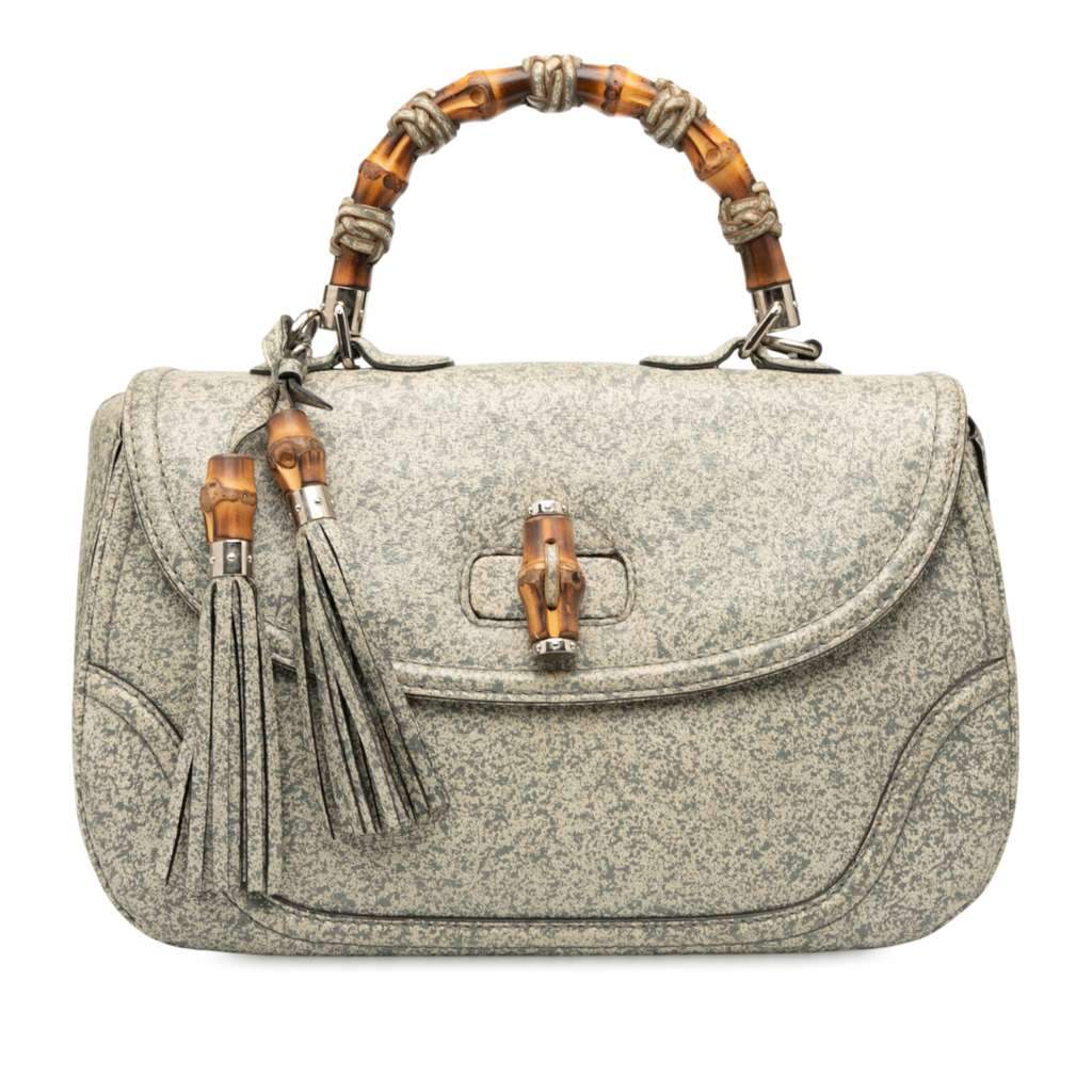 Gucci Large Speckled Leather New Bamboo Top Handle Bag Grey Leather Very good - Front View