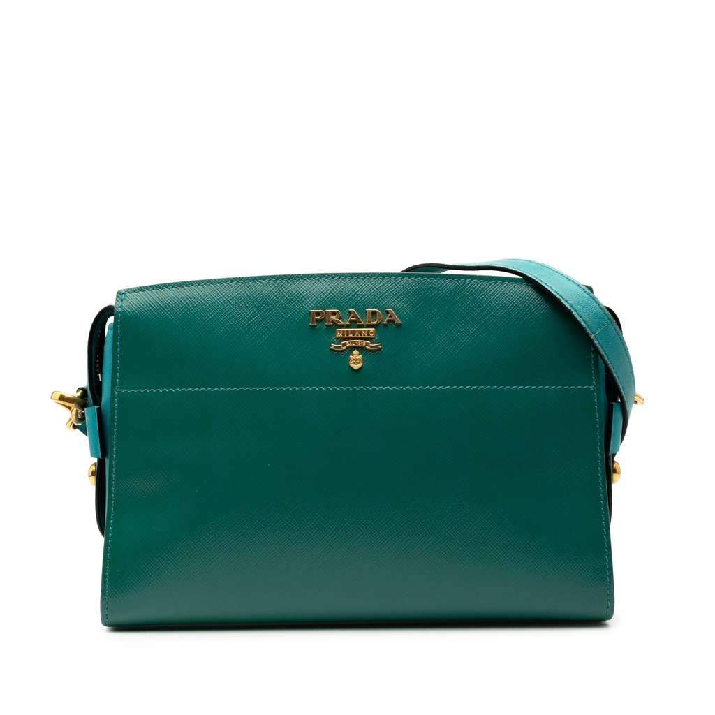 Prada Bicolor Saffiano Vernice Esplanade Crossbody Green Leather Very good - Front View
