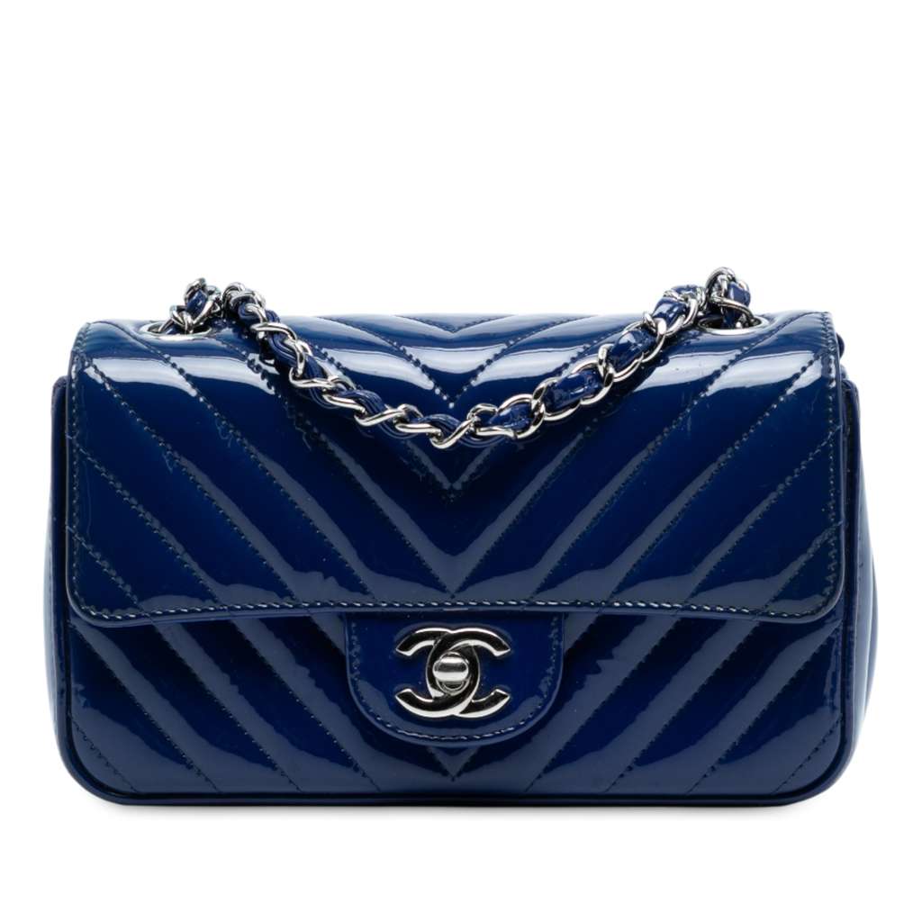 Chanel Mini Rectangular Classic Chevron Patent Single Flap Blue Leather Very good condition - Front View