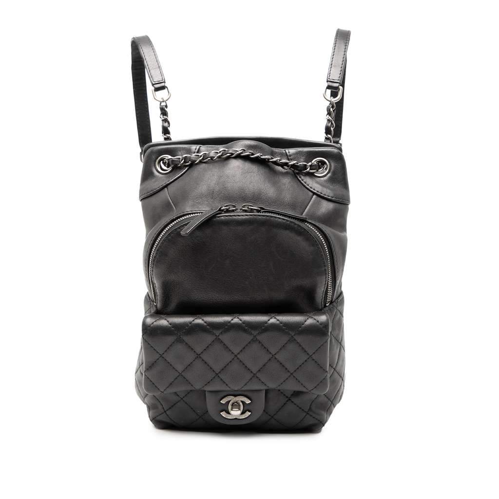 Chanel Small CC Calfskin Drawstring Flap Backpack Black Leather Very good - Front View