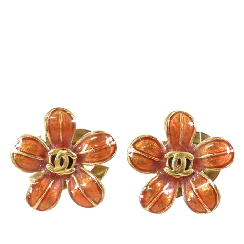 Chanel Gold Plated Resin CC Flower Push Back Earrings Orange Good - Front View