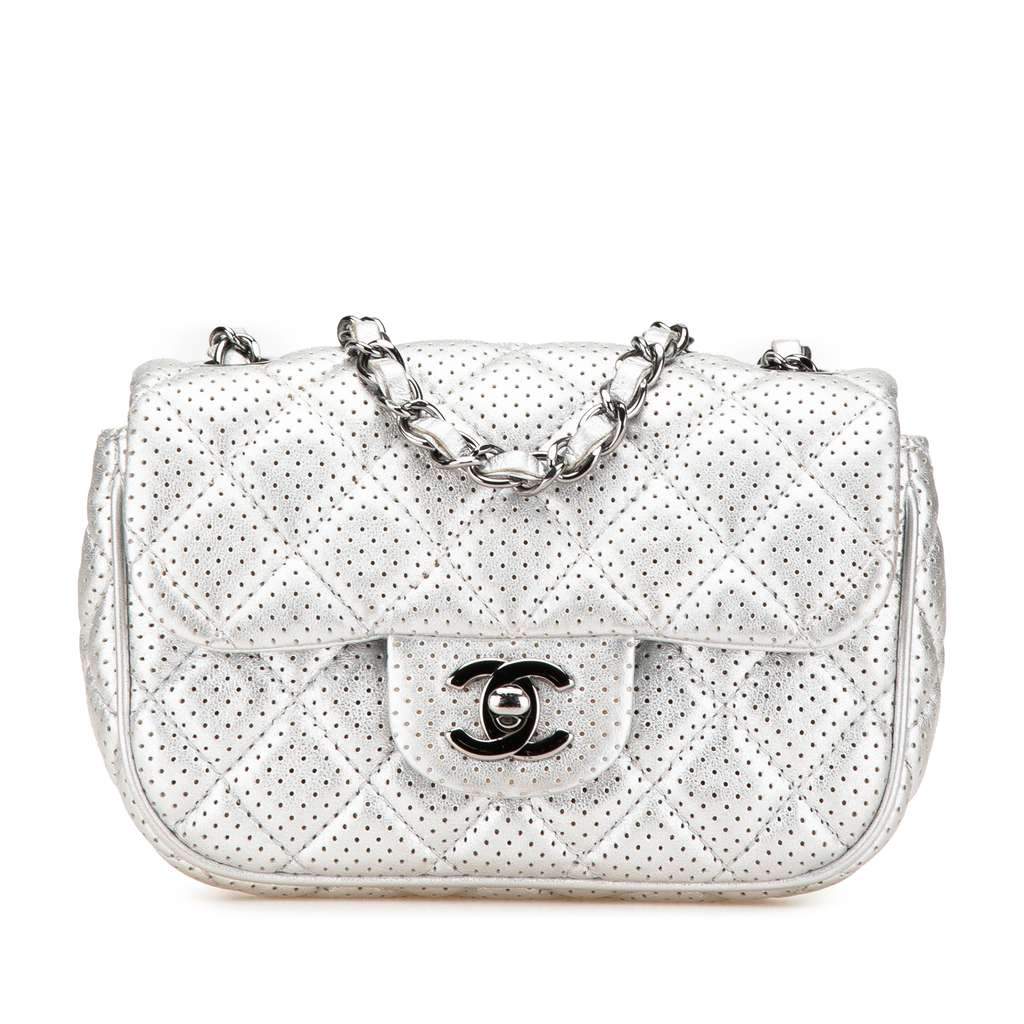 Chanel Mini Perforated Lambskin Punch Flap Silver Leather Very good - Front View