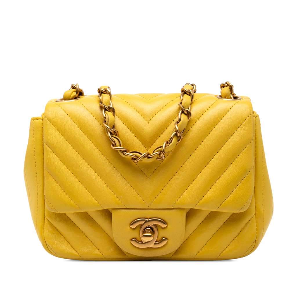 Chanel Mini Square Classic Chevron Lambskin Single Flap Yellow Leather Good condition - Front View