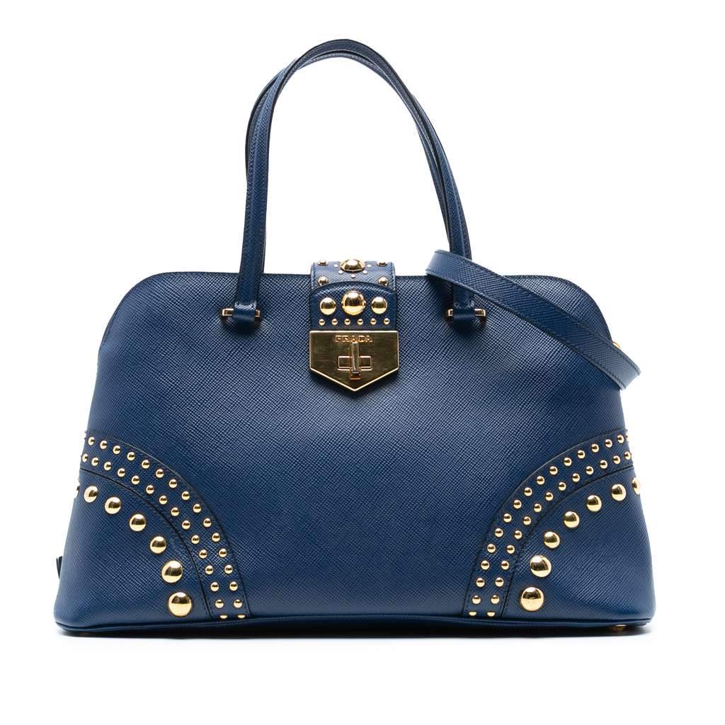 Prada Studded Saffiano Cuir Promenade Satchel Blue Leather Very good - Front View