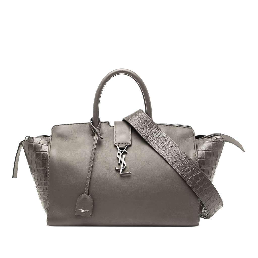 Saint Laurent Small Croc Embossed Trimmed Leather Downtown Cabas Satchel Grey Leather Good - Front View