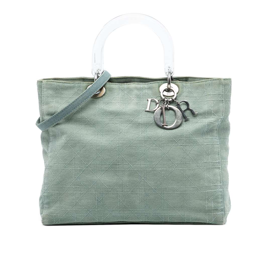 Dior Large Denim Cannage Acrylic Handles Lady Dior Blue Denim Good - Front View