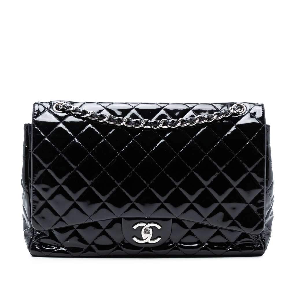 Chanel Maxi Classic Patent Double Flap Black Leather Good - Front View