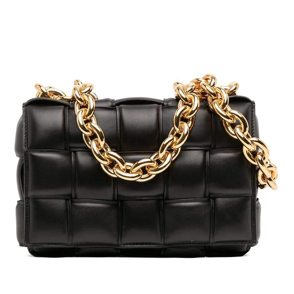 Bottega Veneta Nappa Intrecciato Padded Chain Cassette Satchel Black Leather Good - Front View