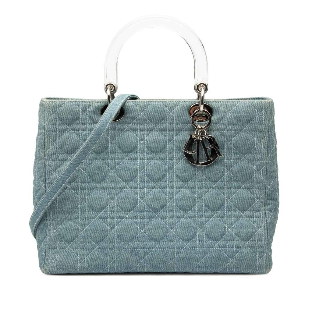 Dior Large Denim Cannage Acrylic Handles Lady Dior Blue Denim Very good - Front View
