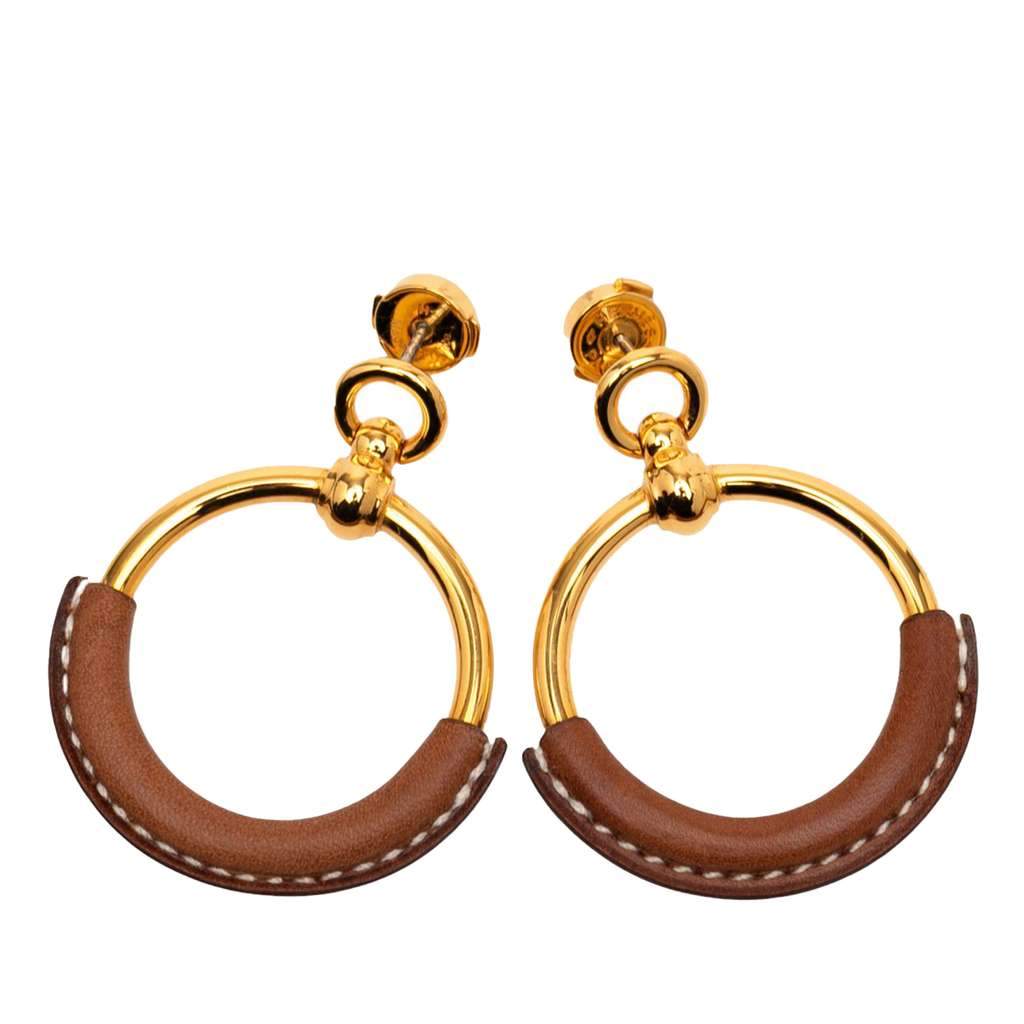 Hermès Gold Plated Barenia Loop Earrings Gold Metal Very good condition - Front View