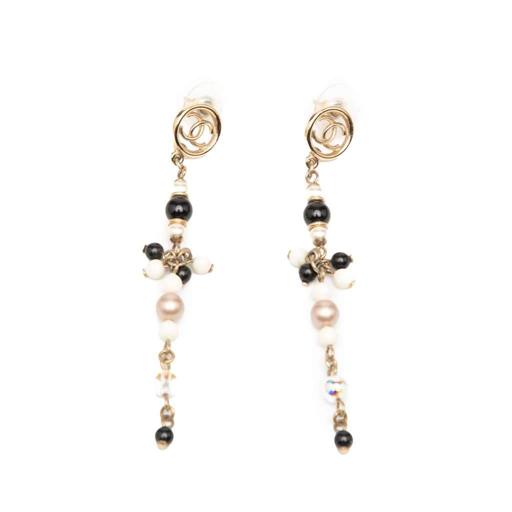 Chanel Gold Plated CC Faux Pearl Beads Drop Push Back Earrings Gold Metal Very good condition - Front View