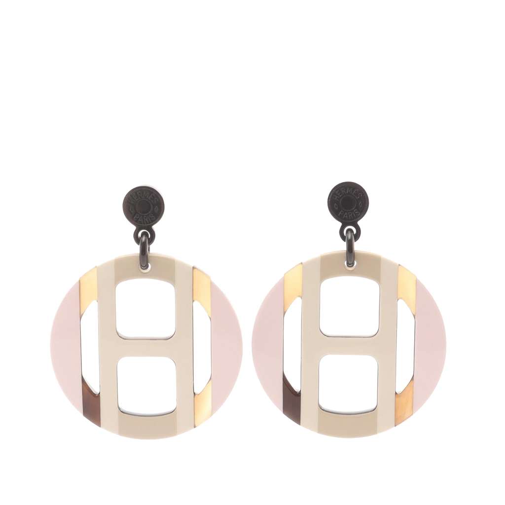 Hermès Buffalo Horn H Equipe Push Backs Earrings Brown Good condition - Front View