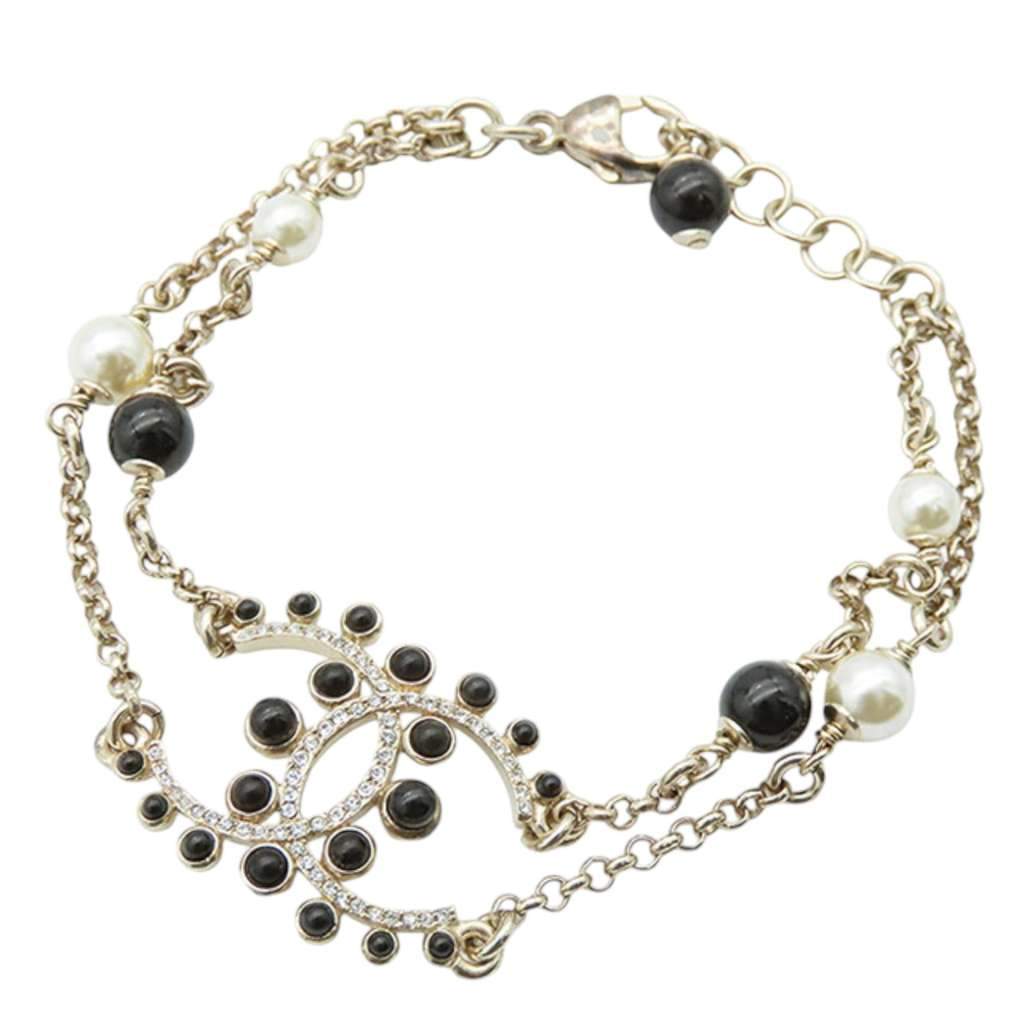 Chanel Gold Plated CC Faux Pearl Rhinestones Bracelet Gold Metal Very good - Front View