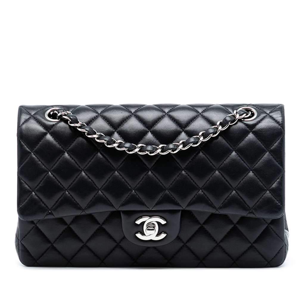Chanel Medium Classic Lambskin Double Flap Black Leather Good - Front View