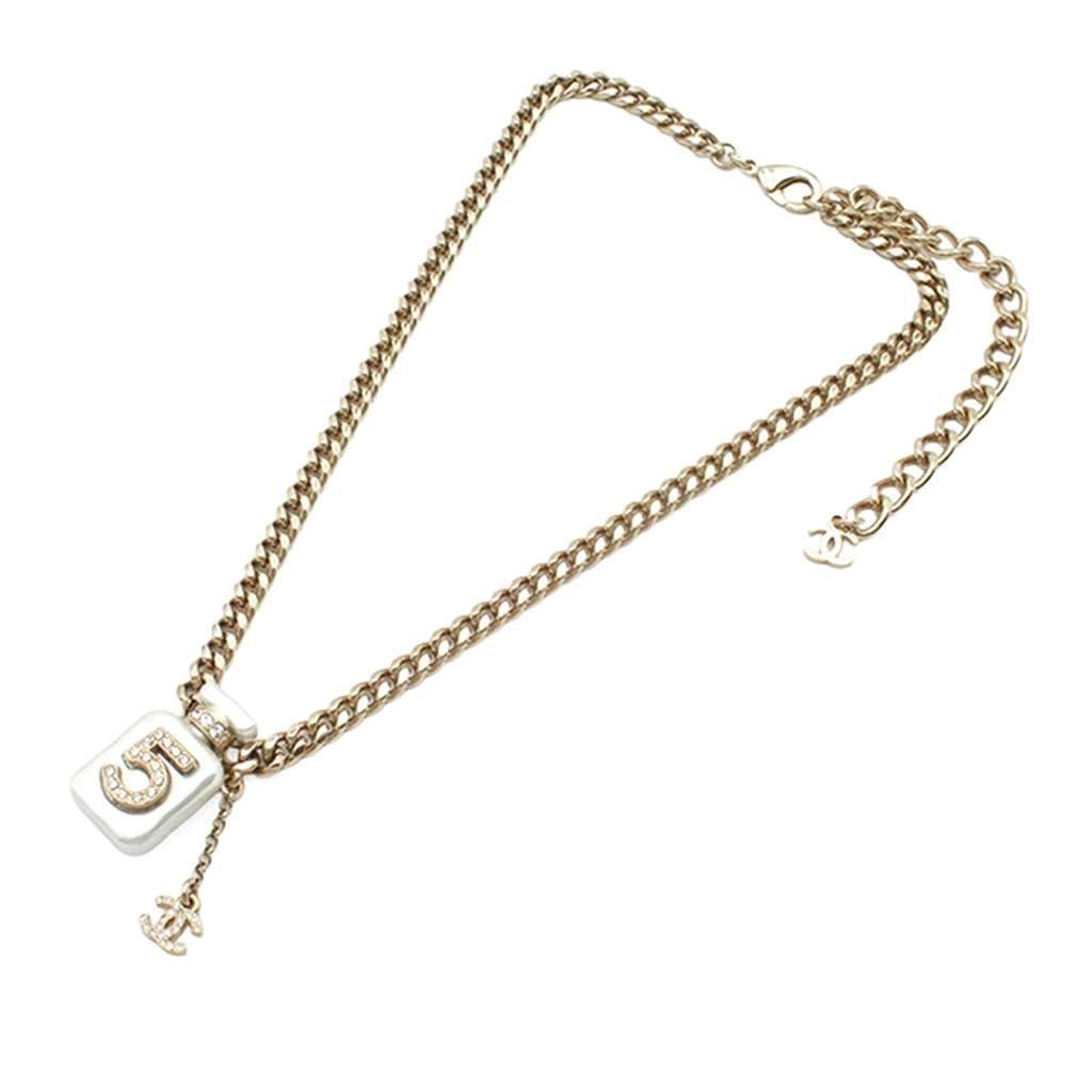Chanel Gold Plated CC Resin and Rhinestones No. 5 Perfume Bottle Pendant Necklace Gold Metal Good - Front View