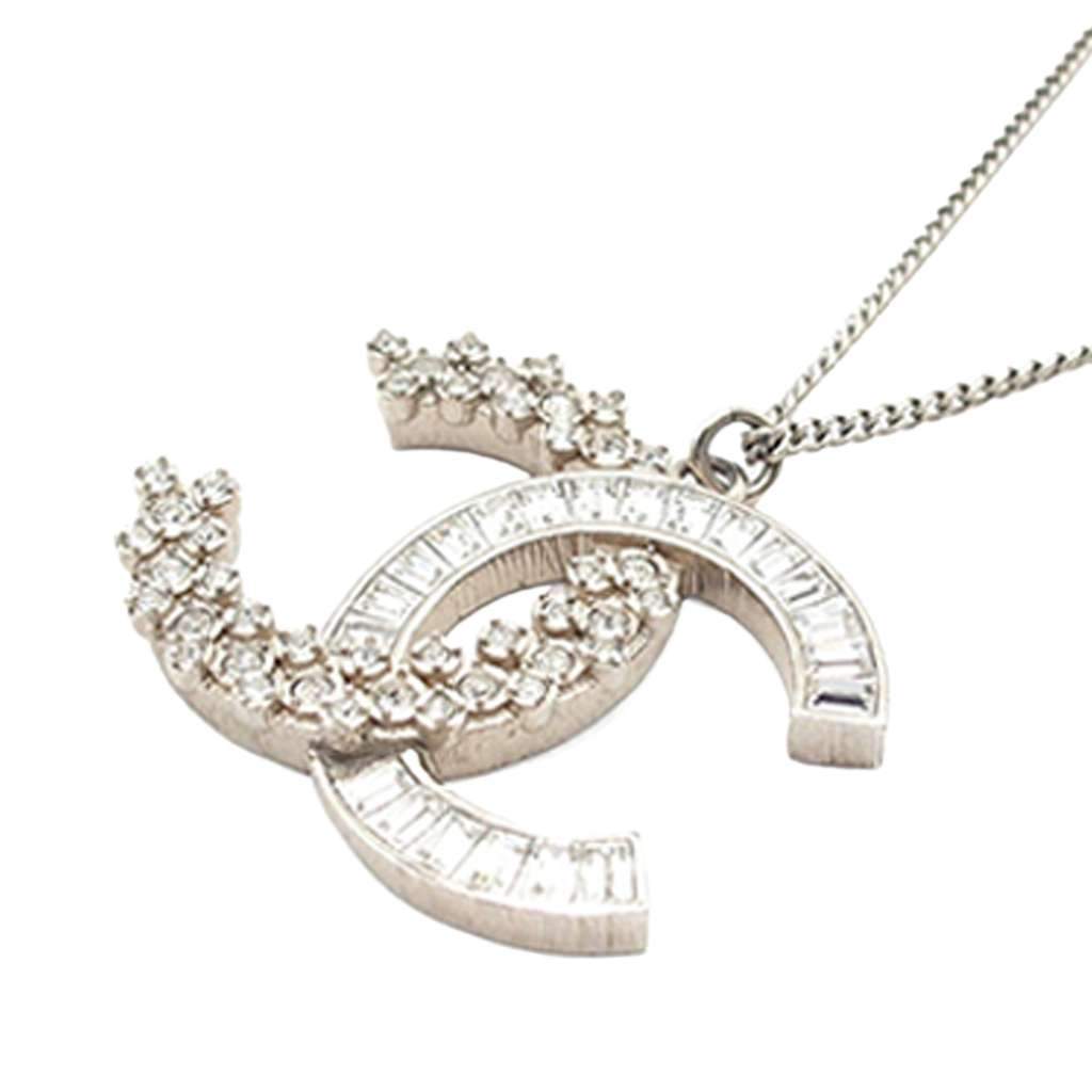 Chanel CC Silver Plated Rhinestones Pendant Necklace Silver Metal Good - Front View