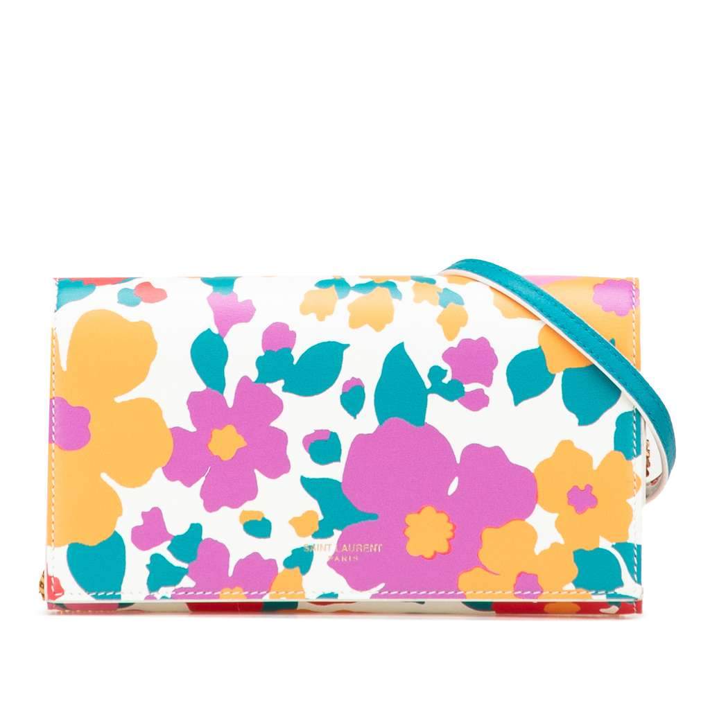 Saint Laurent Floral Printed Leather Wallet On Chain White Leather Good condition - Front View
