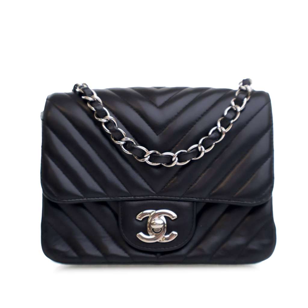 Chanel Mini Square Classic Chevron Lambskin Single Flap Black Leather Good - Front View