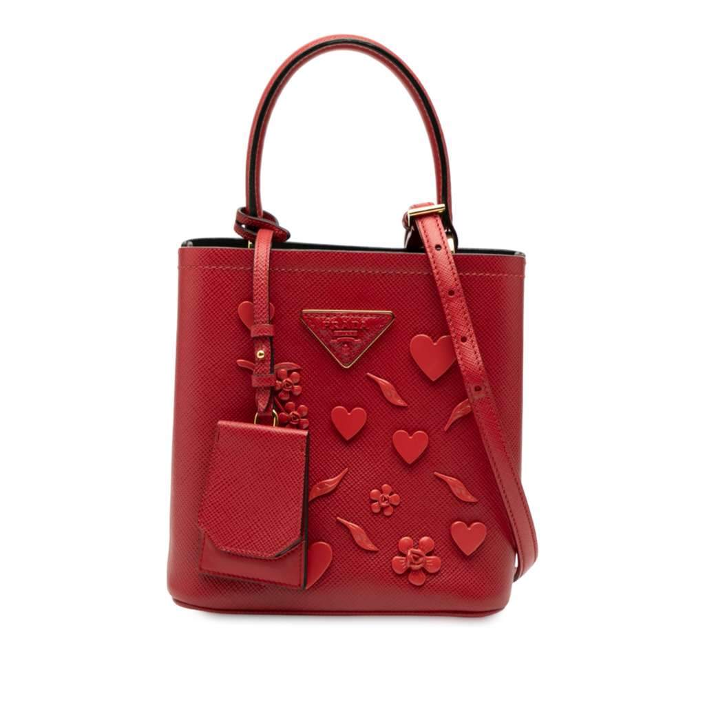 Prada Small Embellished Saffiano Cuir Panier Satchel Red Leather Very good - Front View