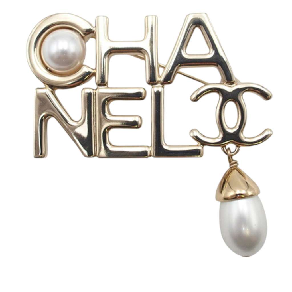 Chanel CC Gold Plated Faux Pearl Logo Brooch Gold Metal Very good - Front View