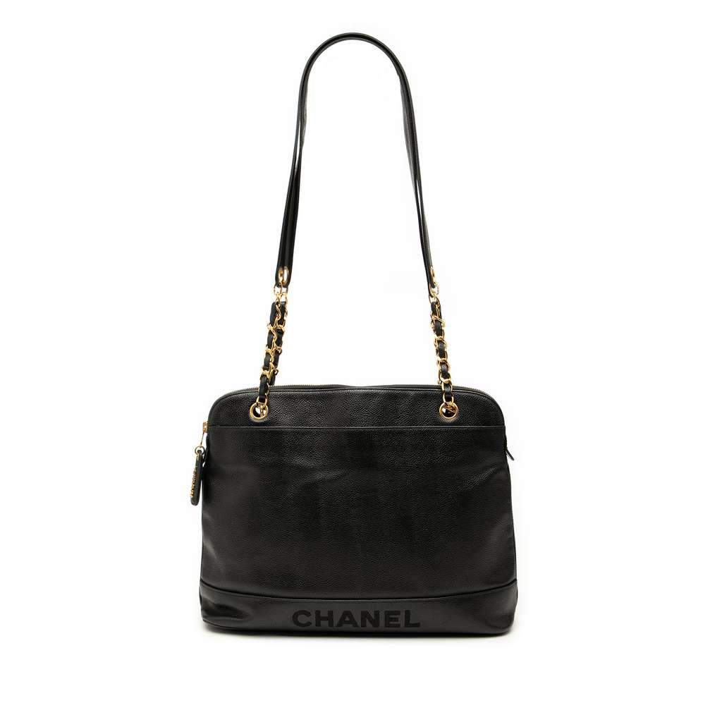 Chanel Caviar Logo Chain Shoulder Bag Black Leather Very good condition - Front View