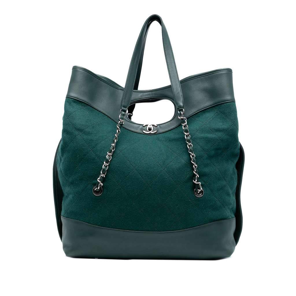 Chanel Extra Large Stitched Wool and Calfskin 31 Shopping Bag Green Wool Very good - Front View