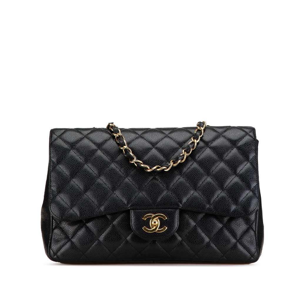 Chanel Jumbo Classic Caviar Single Flap Black Leather Good - Front View