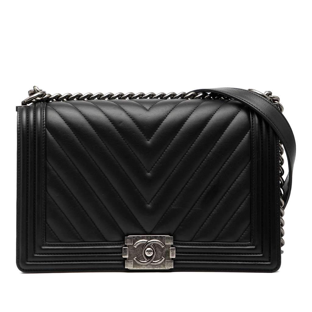 Chanel Medium Chevron Lambskin Boy Flap Black Leather Good - Front View