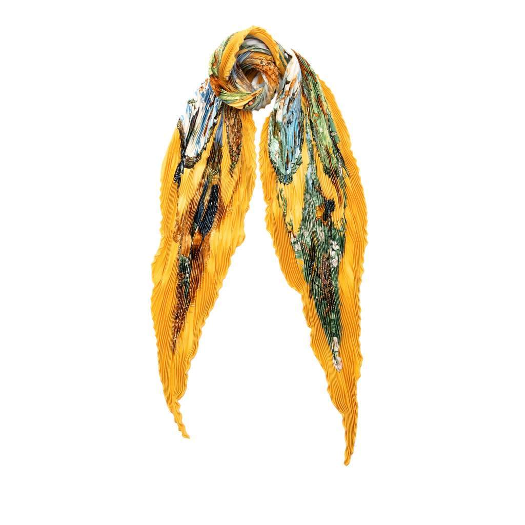 Hermès Les Quatre Saisons Pleated Silk Scarf Yellow Silk Very good condition - Front View