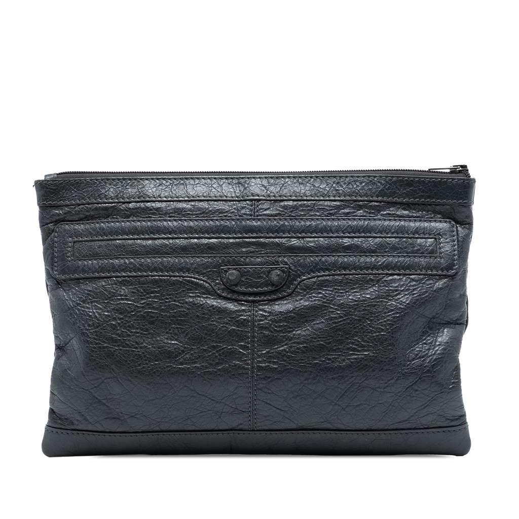 Balenciaga Lambskin Motocross Classic Clip Clutch Black Leather Very good condition - Front View